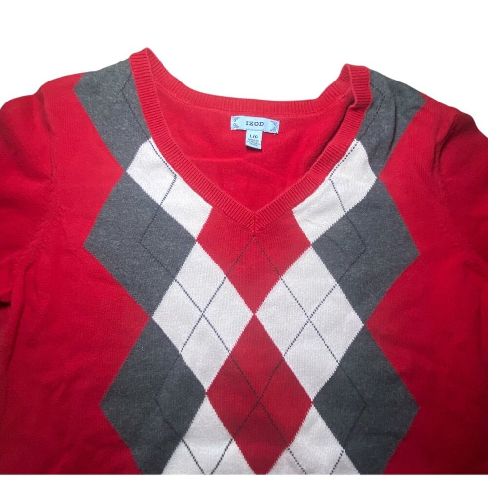 Izod Red‎ Argyle Cotton V-Neck Sweater Preppy Academia Size L